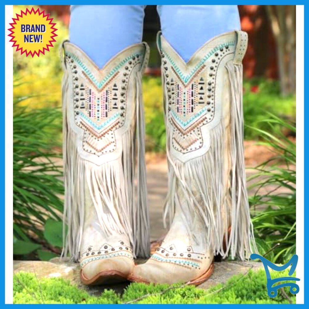Women's Cream Fringe Western Knee-High Heeled Boot with Turquoise Accents - Picture 2 of 7